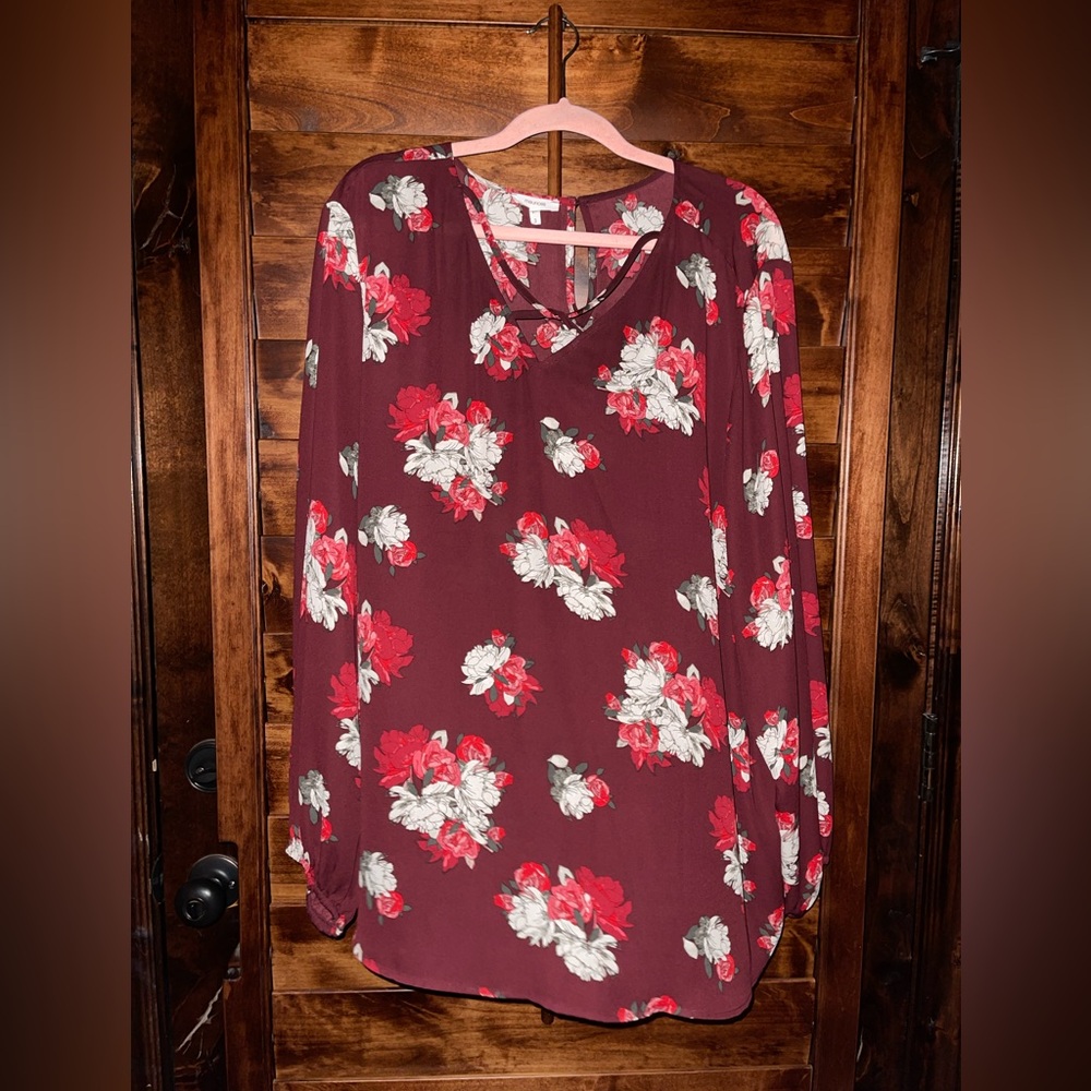 Maurices long sleeve cross front floral blouse burgundy background fall colors